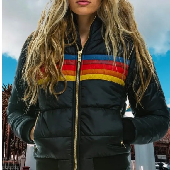 Soon NEW! Retro Women's Black Puffer Jacket with Rainbow Stripes